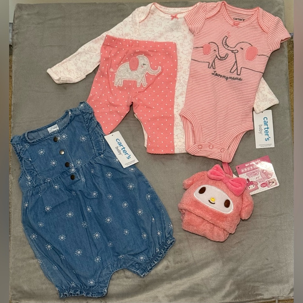 Carter's Denim Romper and Pink Elephant Set